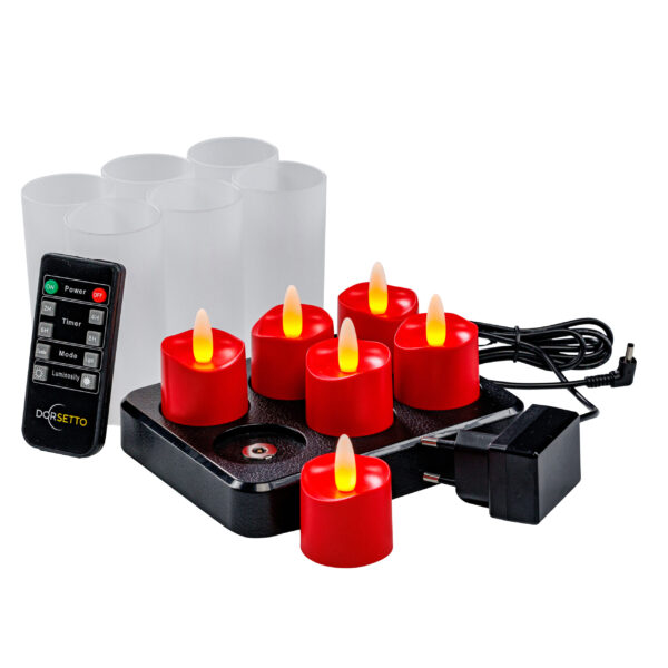 Set med röda uppladdningsbara LED-värmeljus (6 st, vattentäta, upp till 400 timmar) med matta hållare, fjärrkontroll, timerfunktion och svart laddningsbas.